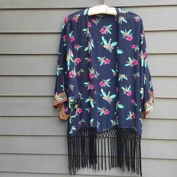 Sweet Rain Navy Floral Sheer Duster with Black Fringe and neon sleeves Large - Picture 1 of 8